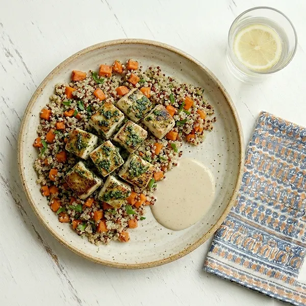 Pan Seared Fish With Tahini Herb Crust & Carrot Quinoa Mix